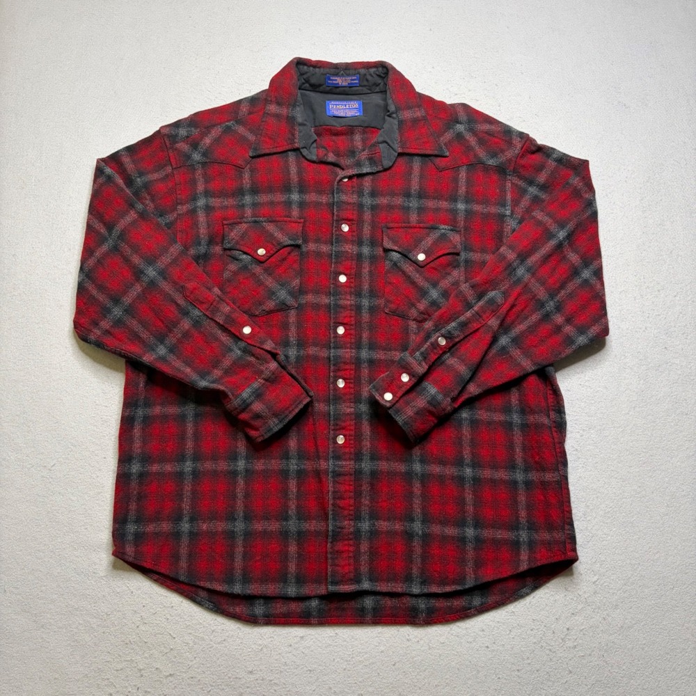 Pendleton Western Shirt Mens XL Red Black Plaid Wool Pearl Snap Vintage 90s